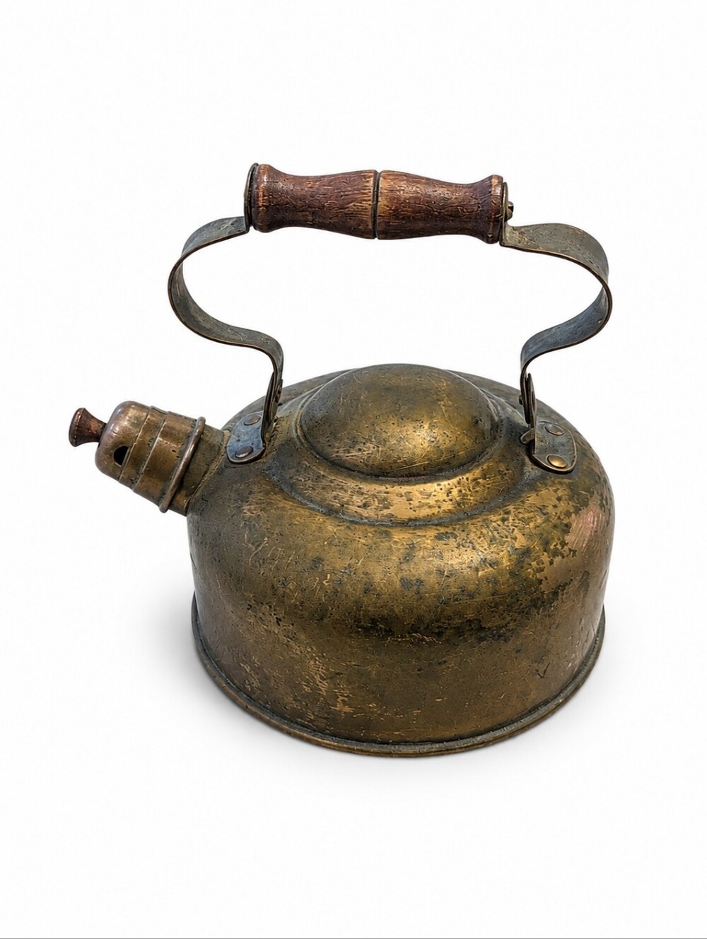 Vintage Brass Tea Kettle Wood Handle Rustic Primitive Decor
